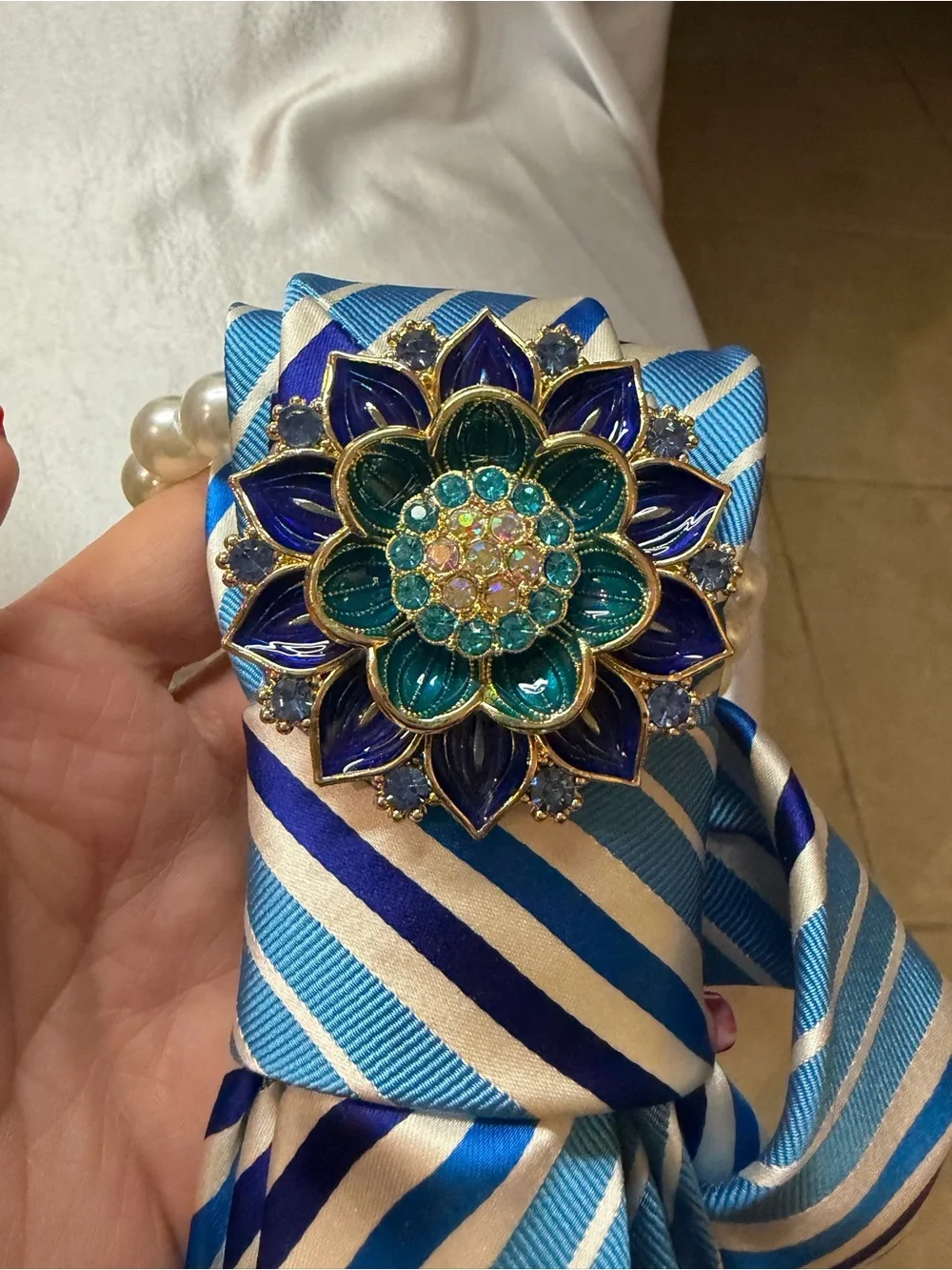 Blue Striped Women's Neck Scarf with Floral Brooch